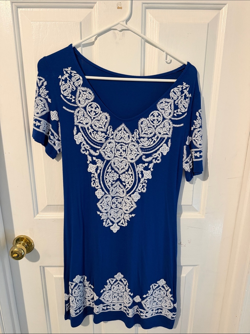 Blue Embroidered V-Neck Women's Dress
